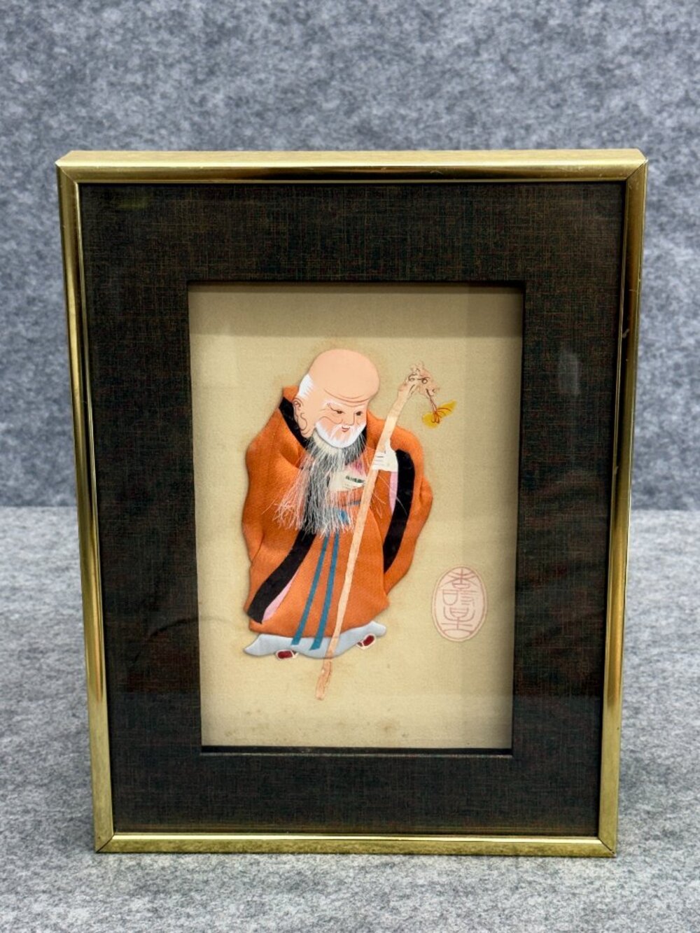Vintage Chinese 3D Mixed Media Silk & Paper Art Gold Framed Sage Elder